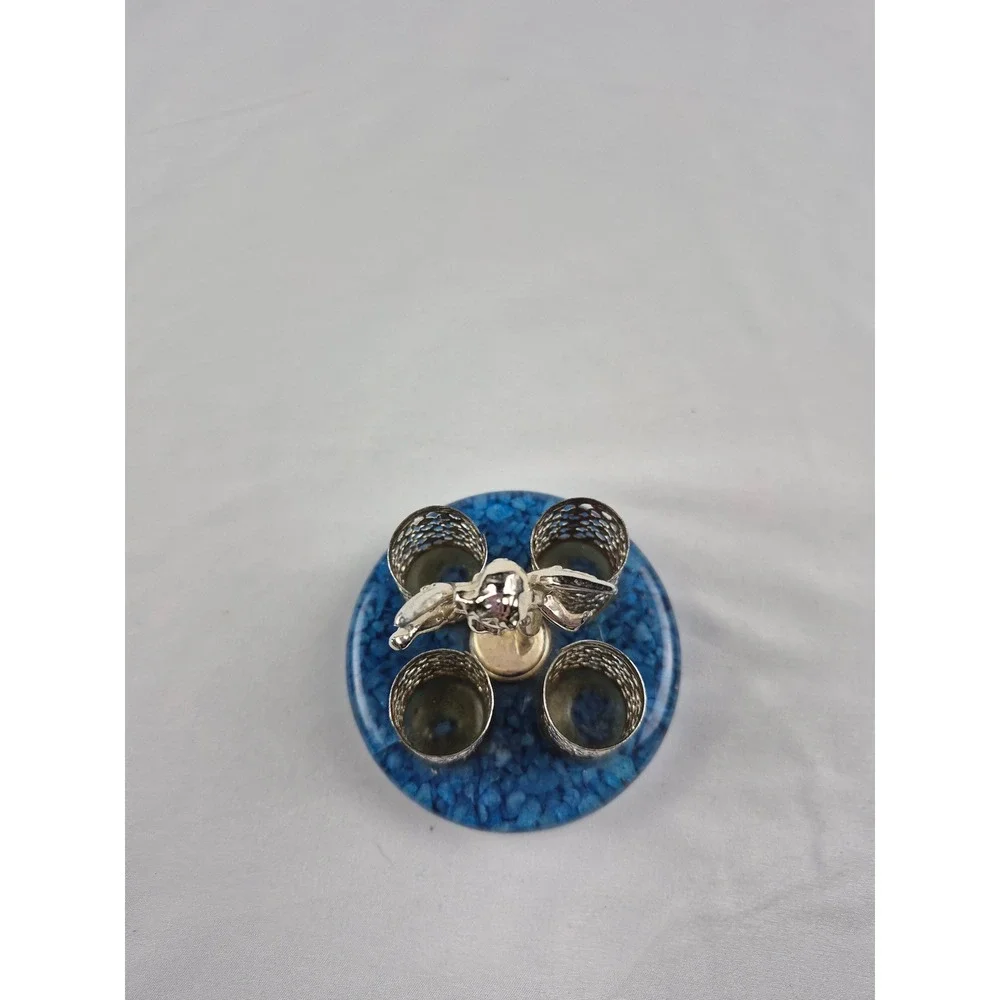 Silver Tone Cherub Angel Lipstick Holder Blue Crushed Stone Base Vanity Sam Fink